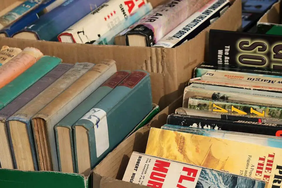 boxes of books at book sale